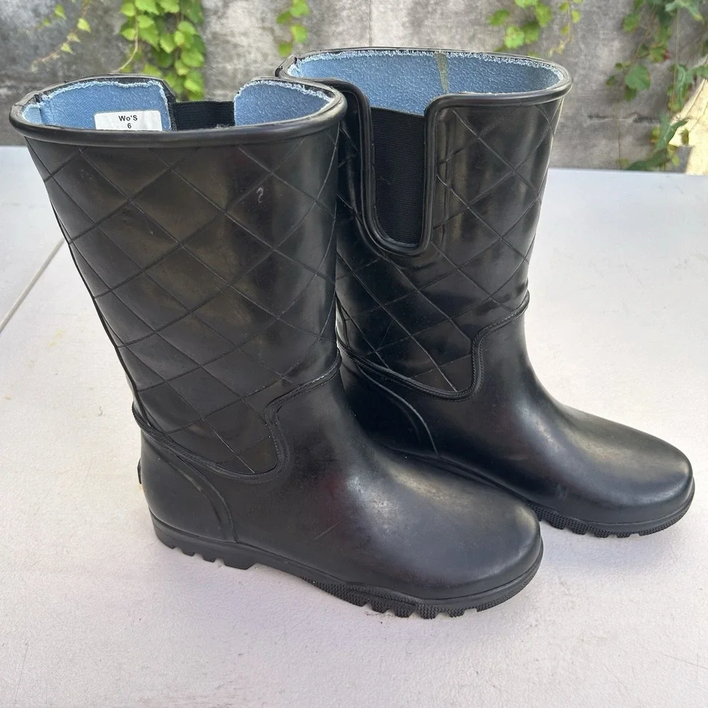 SPERRY Women’s Rain Boots Black Quilted Rubber Slip On Mid-Calf Nellie Boot Sz 6